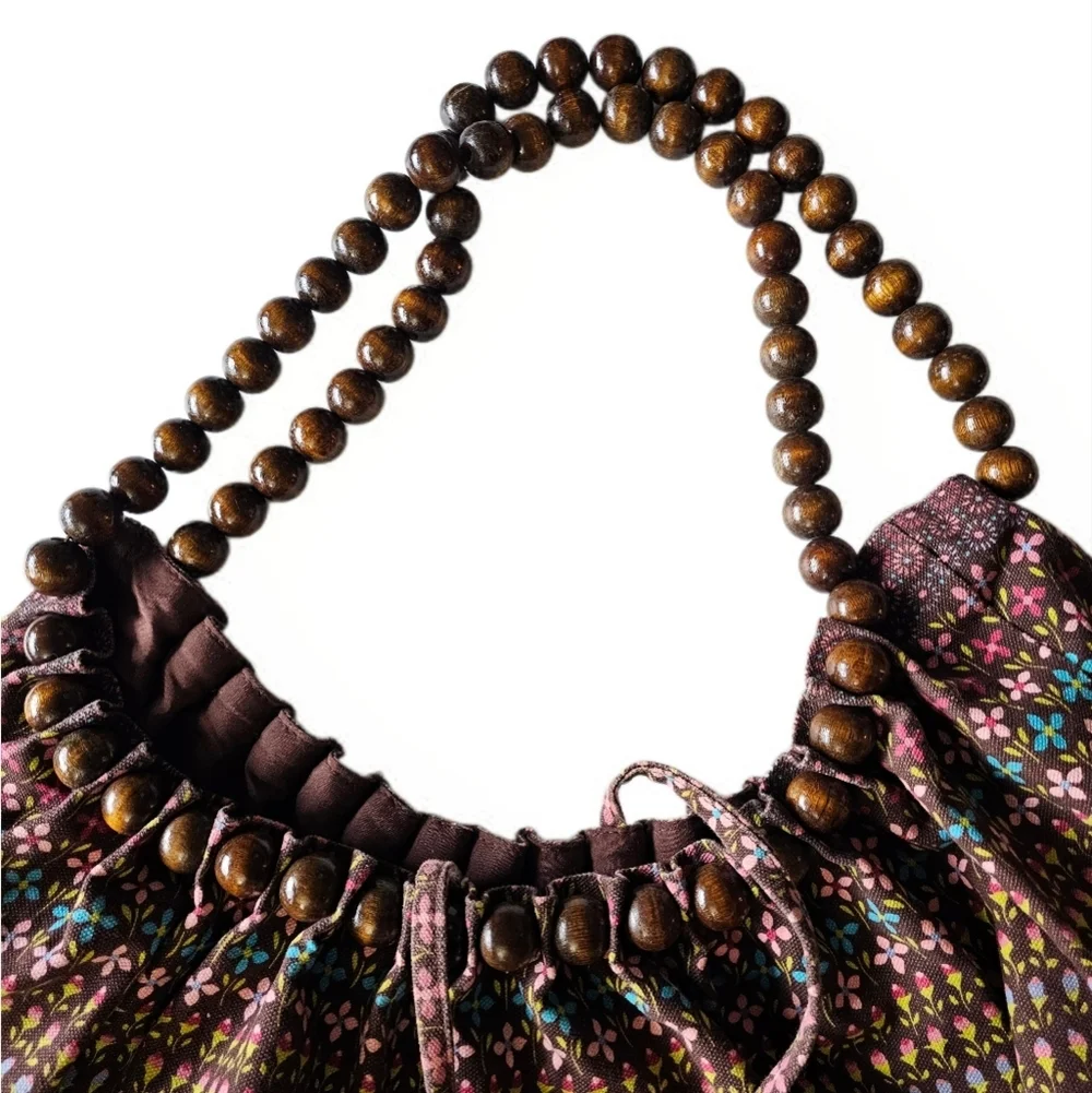 Bohemian Hippie Hobo Beaded Handle Brown Floral Patterned Whimsical Bag